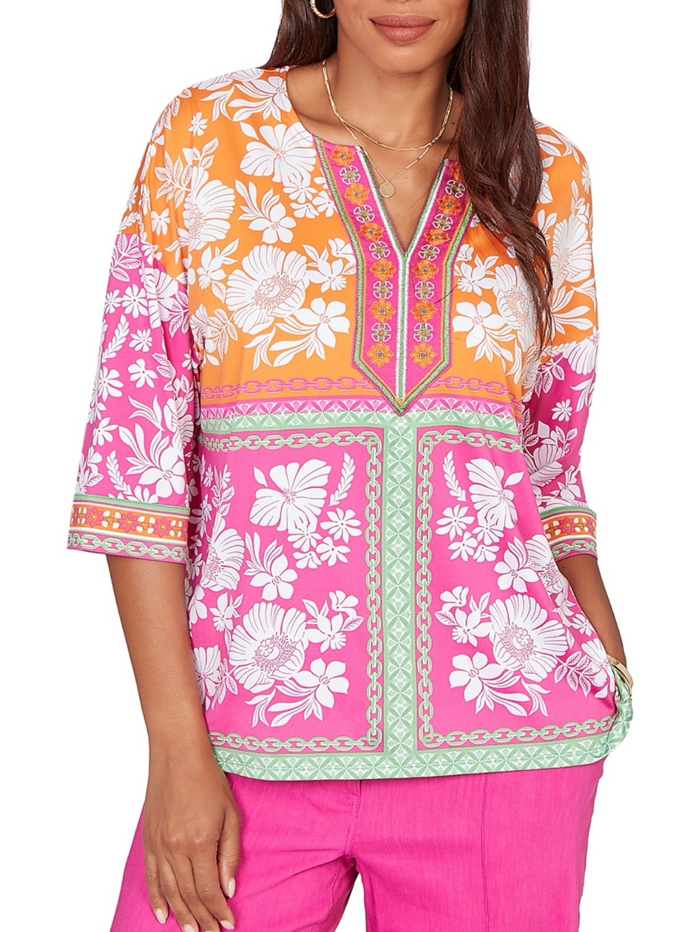 Ruby Rd. Women’s Floral V-Neck 3/4 Sleeve Tunic Blouse Pink Orange Size M